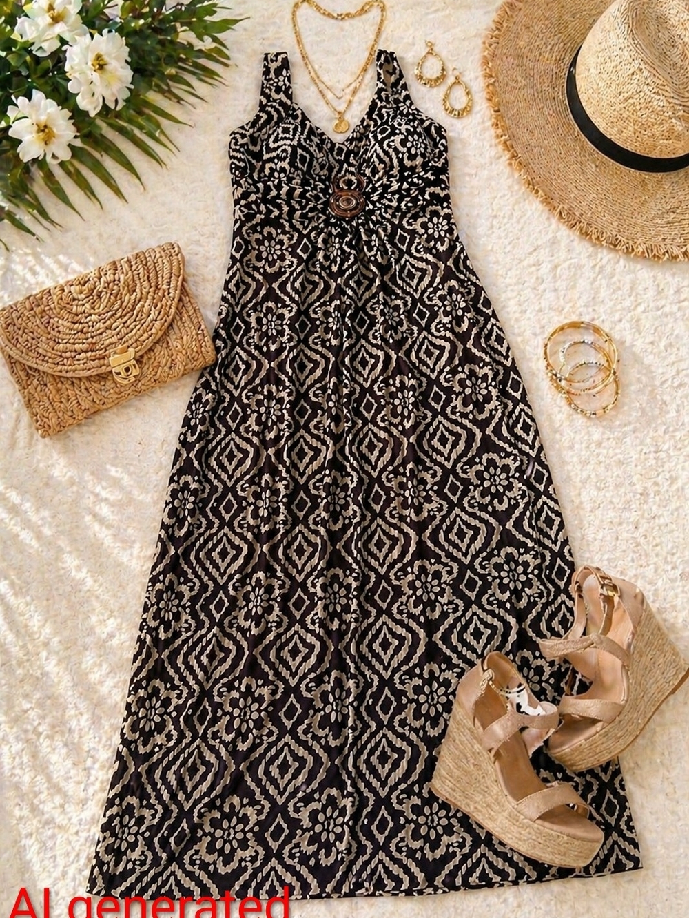 En Focus Petite Boho Luxe Maxi Dress Brown Cream Print Empire Waist 10P